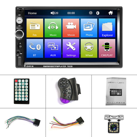 Rádio automotivo duplo 7 polegadas estéreo Bluetooth USB TF FM AUX MP5 player com câmera