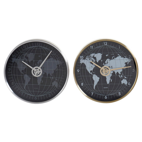 Relógio de Parede DKD Home Decor Preto Dourado Prateado Alumínio Cristal Mapa do Mundo 30 x 4,3 x 30 cm (2 Unidades)