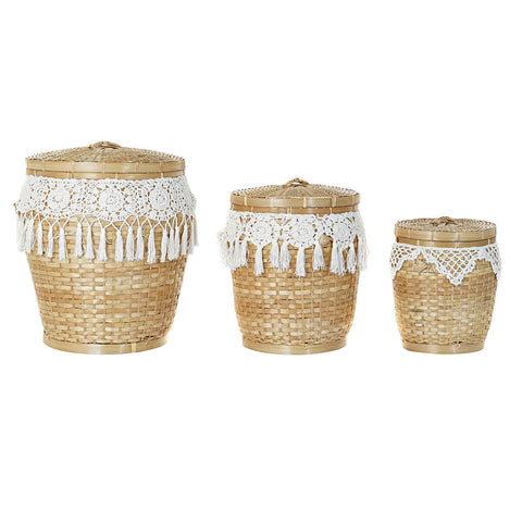 Conjunto de Cestas DKD Home Decor Branco Natural Bambu Boho 39 x 39 x 45 cm