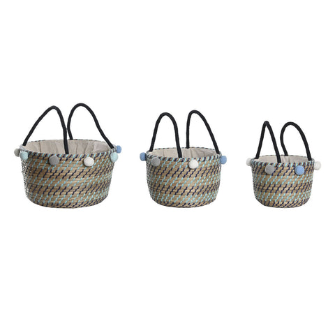 Conjunto de Cestas DKD Home Decor Poliéster Pompons 43 x 43 x 43 cm Zostera marina